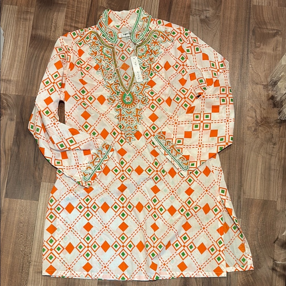 SWEET LILY Tunic Blouse Sz M Beaded NEW w/Tag cotton white orange